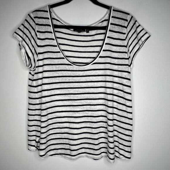 Theory Black & White Stripe Linen Scoop Neck T-Shirt Size Large - Picture 5 of 9